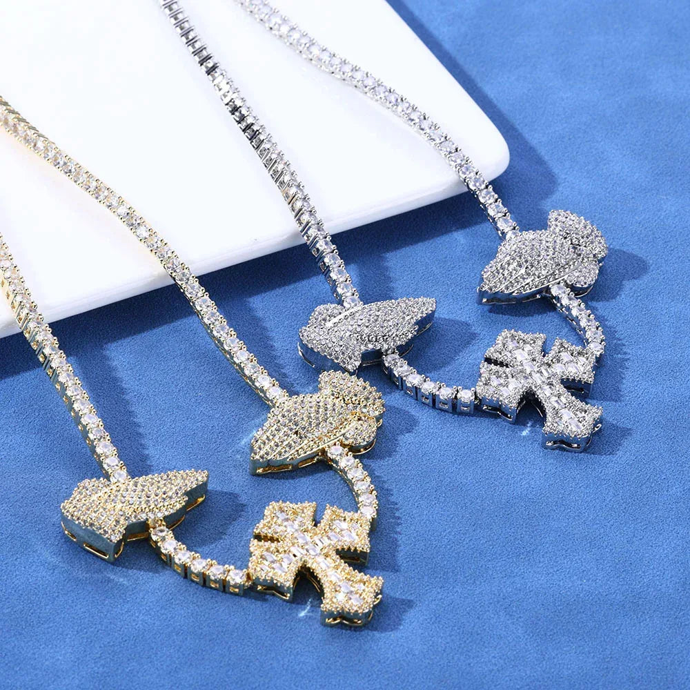 3.5mm Iced Out Tennis Necklace Cross Praying Hands Zircon Hip Hop Jewelry | Caratix Jewelry - CaratixJewelry